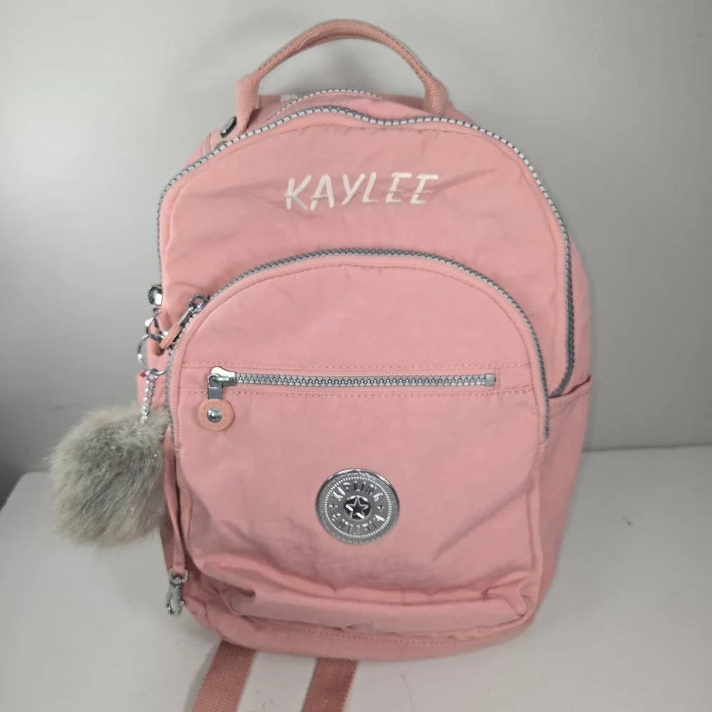 Kipling Pink Nylon Small Backpack Kaylee Embroidery Pom Pom Keychain Bag